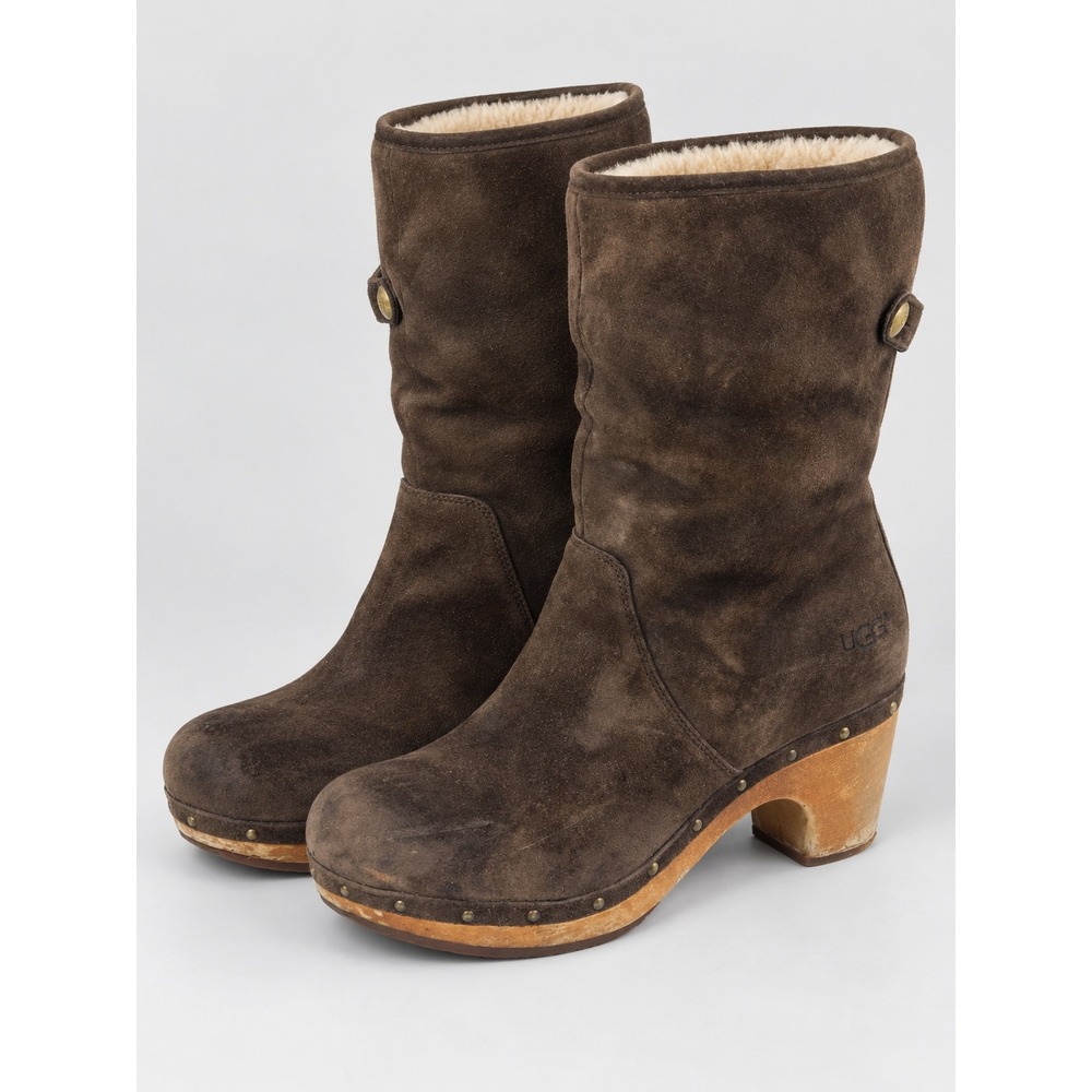UGG Lynnea Clog Boots Women 8 Brown Suede Leather Sheepskin Lined Chunky Heel